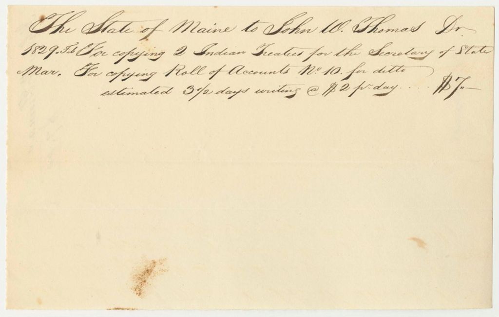 Miniature of Account of John W. Thomas, for Services Copying Indian Treaties and Roll of Accounts in the Office of the Secretary of State