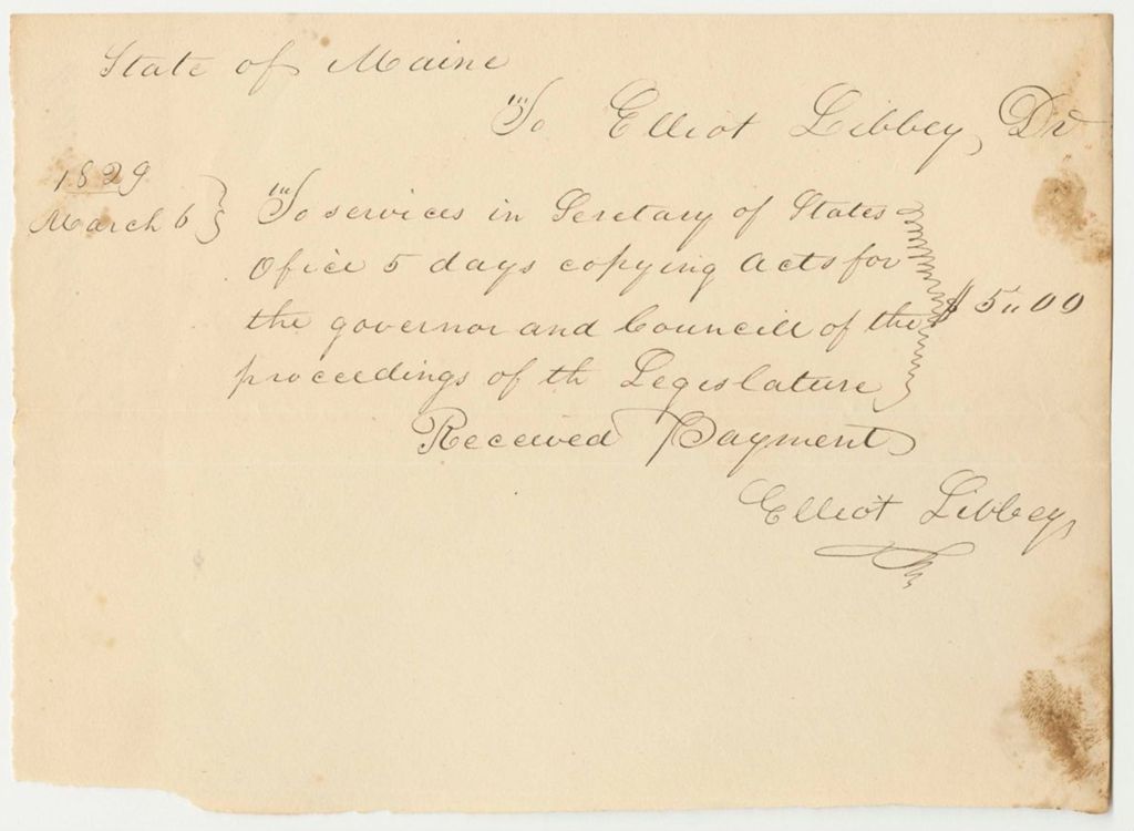 Miniature of Account of Elliot Libbey, for Services as Engrossing Clerk in the Office of the Secretary of State