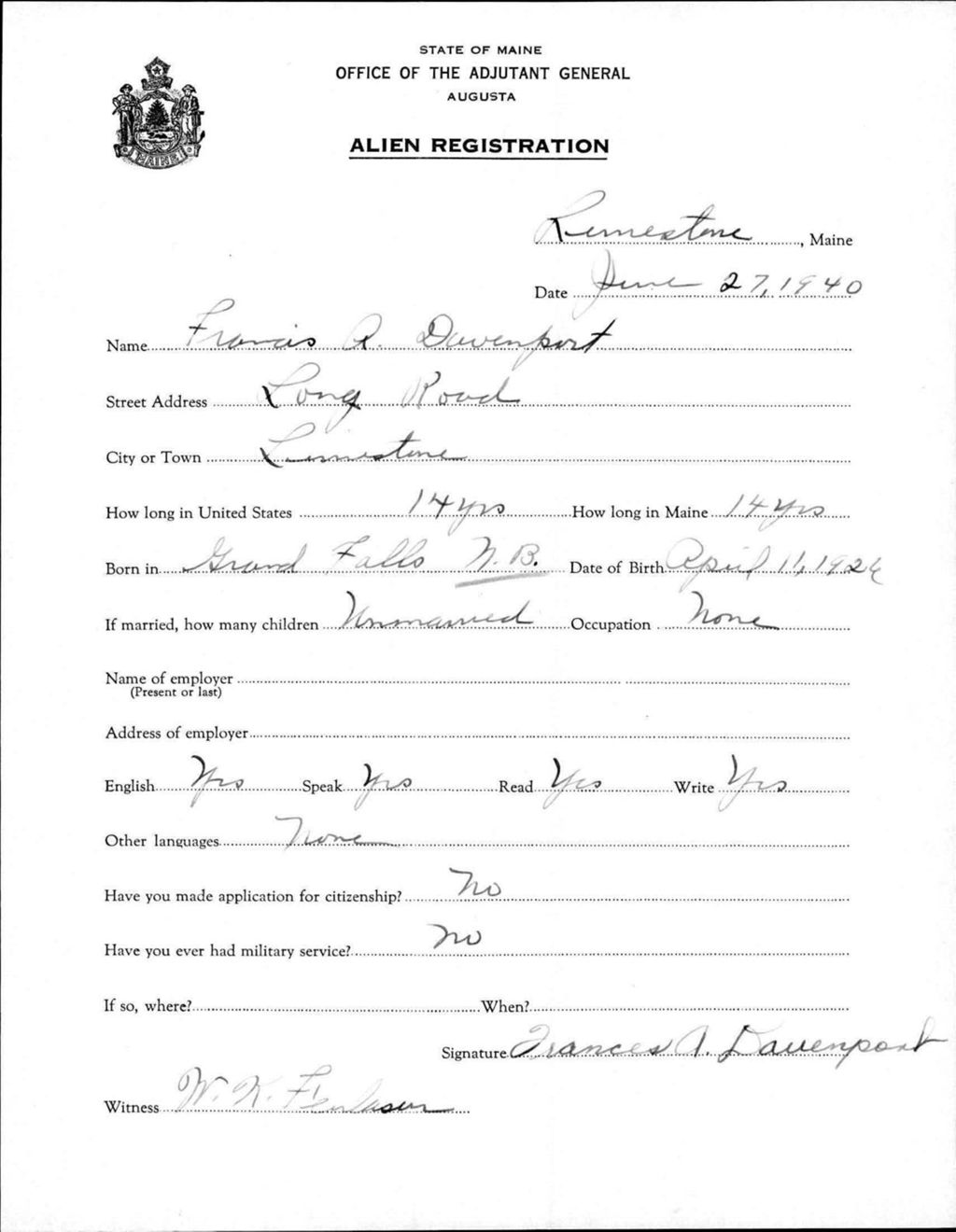 Miniature of Alien Registration- Davenport, Frances A. (Limestone, Aroostook County)