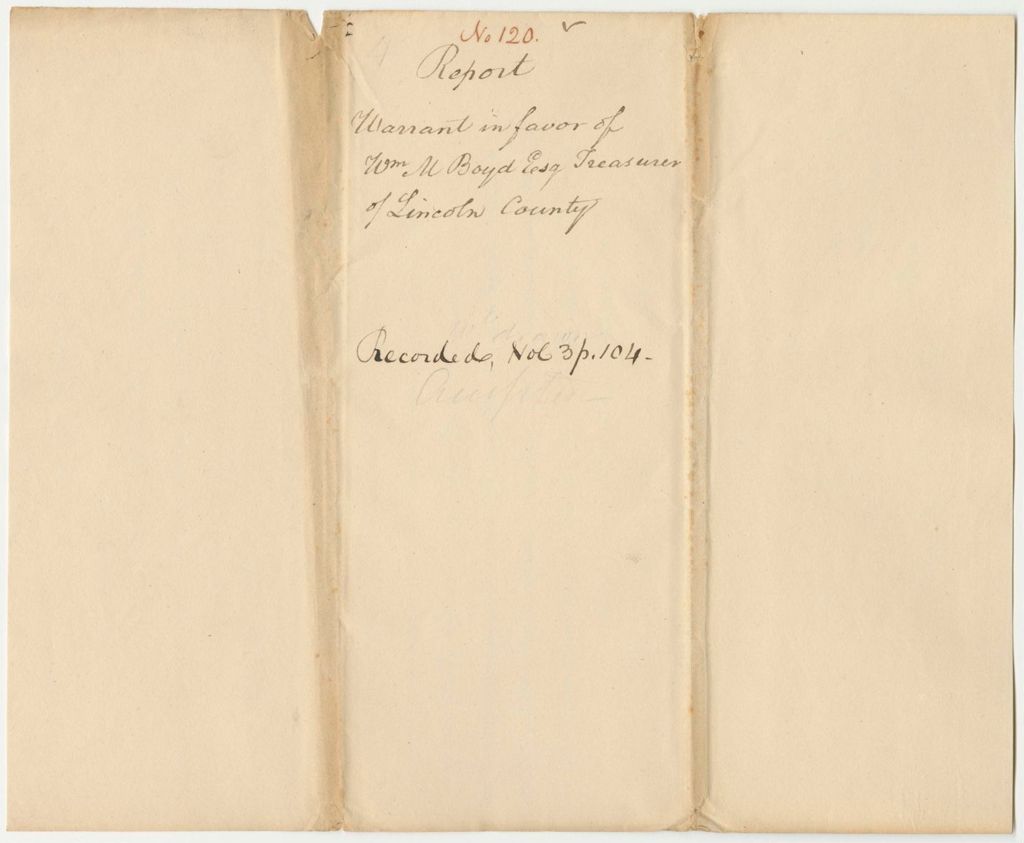 Miniature of Report 120: Report on the Warrant in Favor of William M. Boyd, Esq., Treasurer of Lincoln County