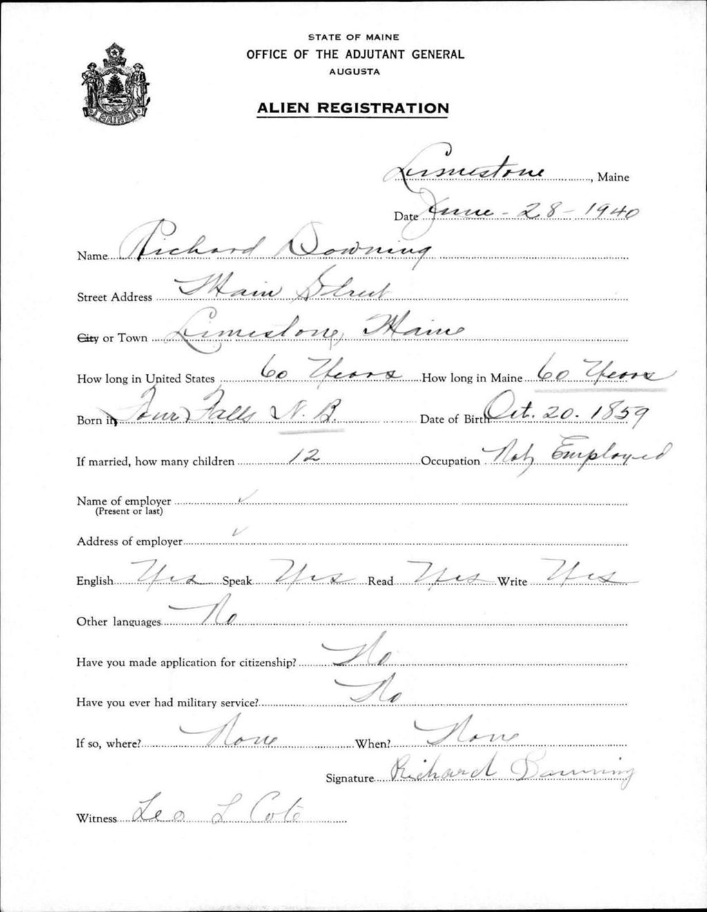 Miniature of Alien Registration- Downing, Richard (Limestone, Aroostook County)