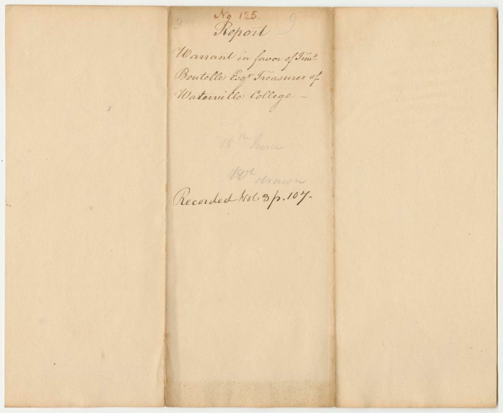 Miniature of Report 125: Report on the Warrant in Favor of Timothy Boutelle, Esq., Treasurer of Waterville College