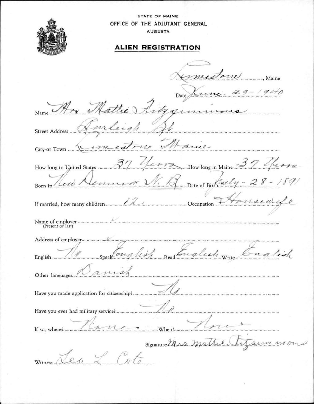 Miniature of Alien Registration- Fitzsimmons, Mattie (Limestone, Aroostook County)