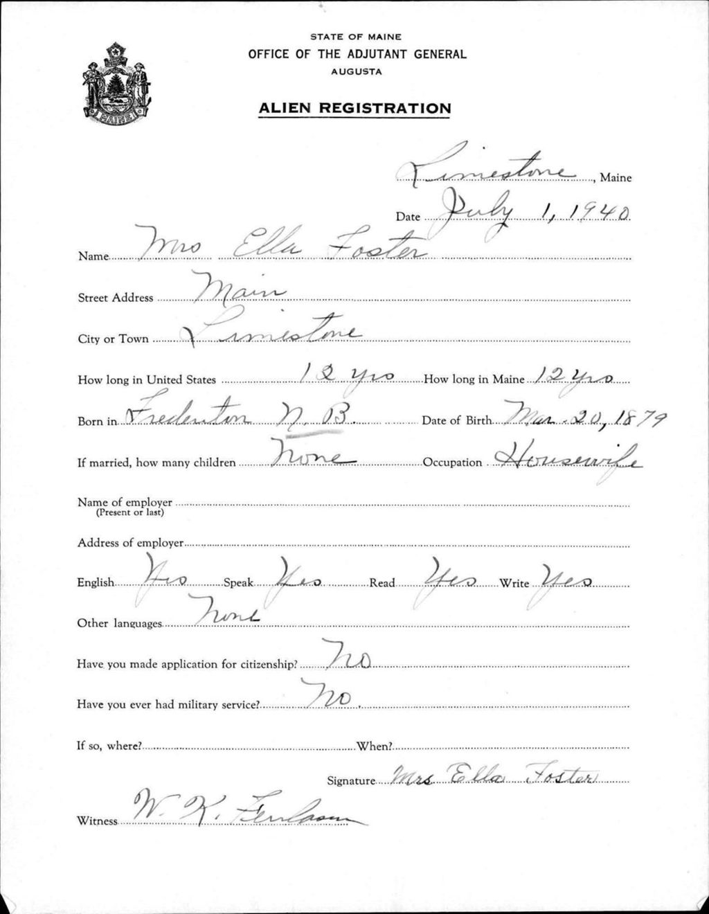 Miniature of Alien Registration- Foster, Ella (Limestone, Aroostook County)