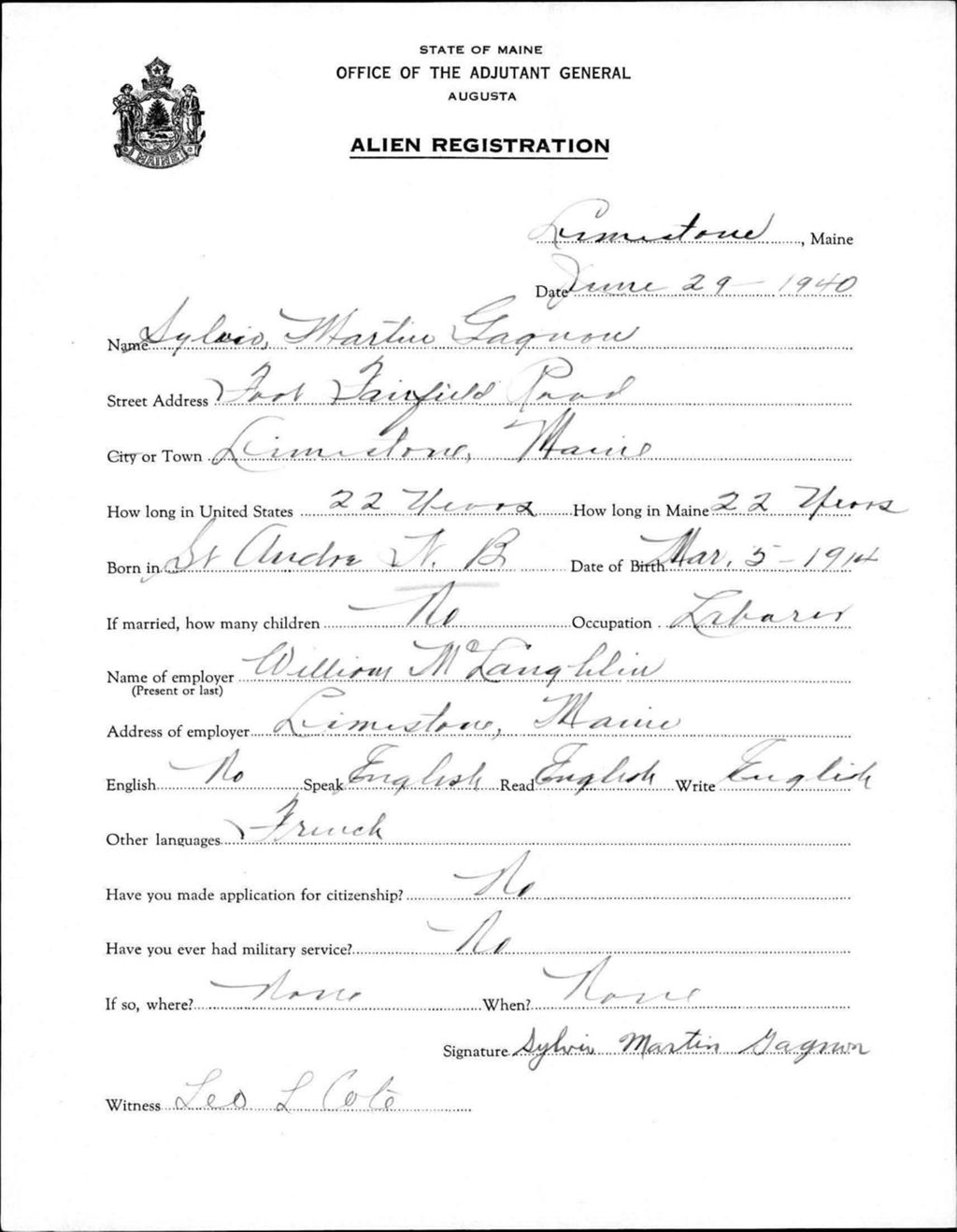 Miniature of Alien Registration- Gagnon, Sylvia M. (Limestone, Aroostook County)