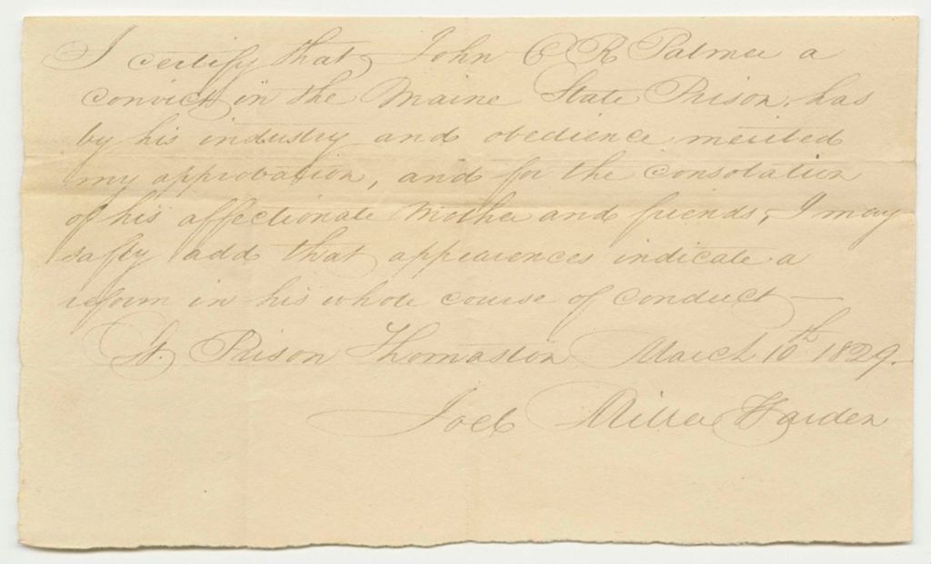 Miniature of Certification of Joel Miller, Warden of the State Prison, of the Conduct of C.R. Palmer in Prison