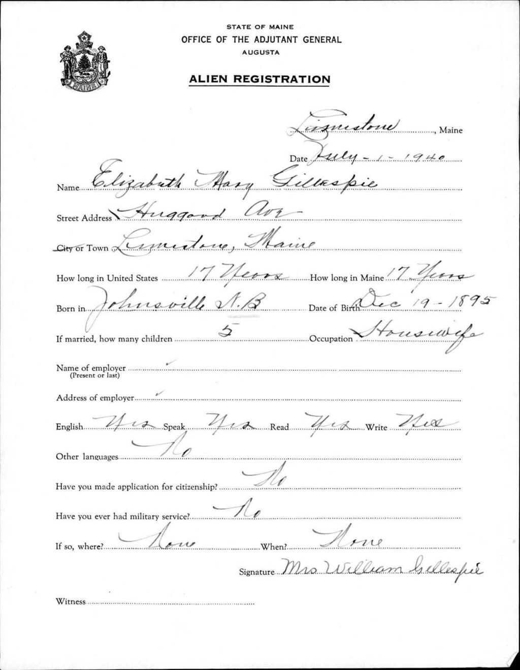 Miniature of Alien Registration- Gillespie, Elizabeth M. (Limestone, Aroostook County)
