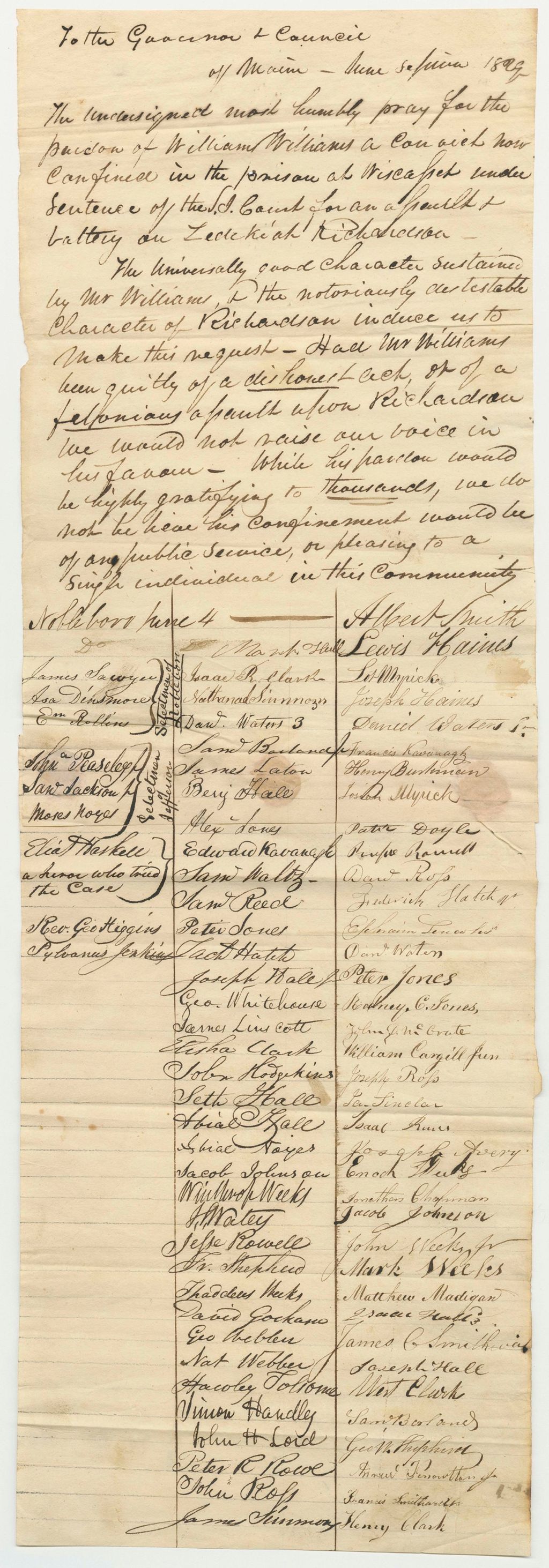 Miniature of Petition of the Selectmen of Nobleboro and the Selectmen of Jefferson and Others, for the Pardon of William Williams
