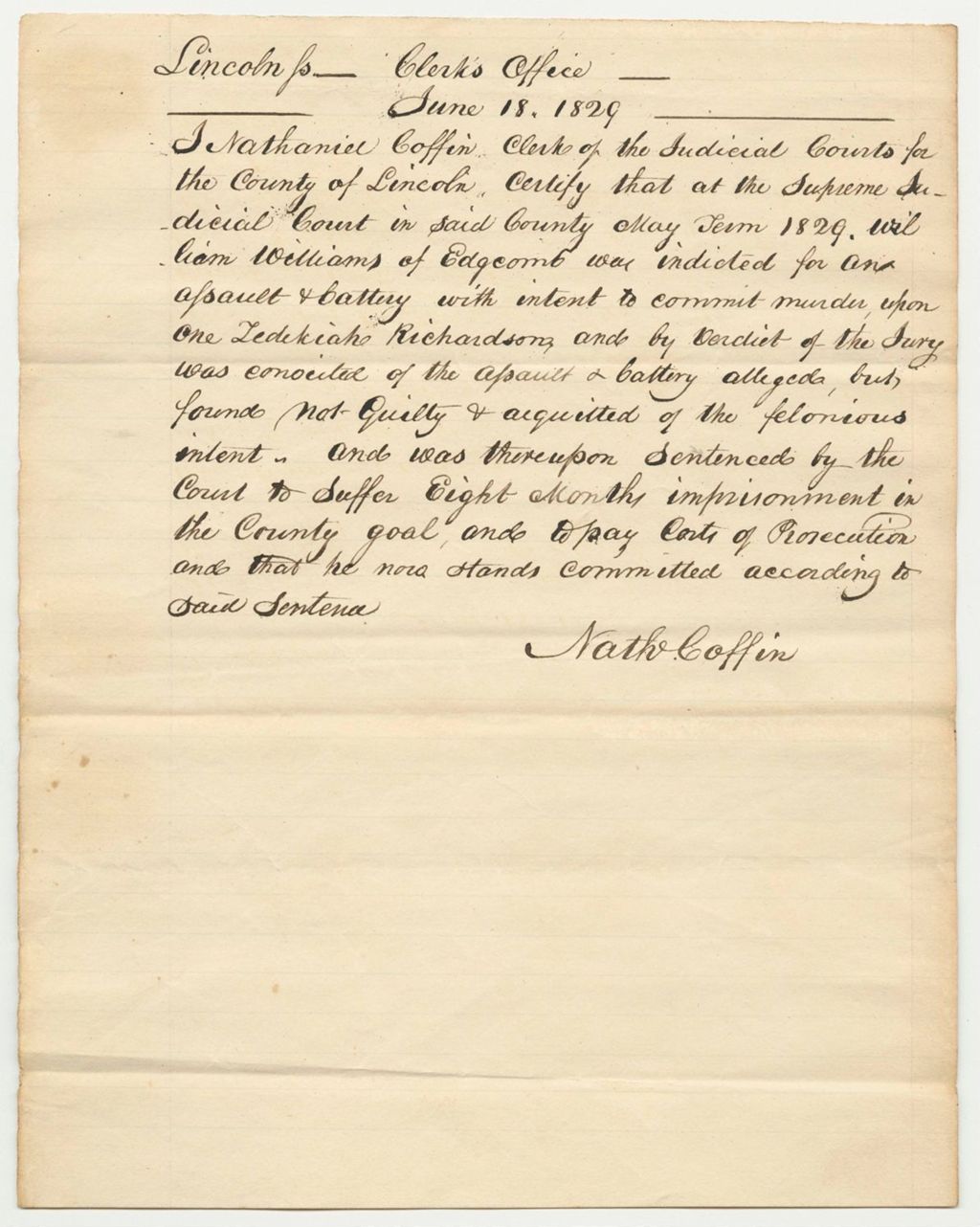 Miniature of Indictment and Sentence of William Williams