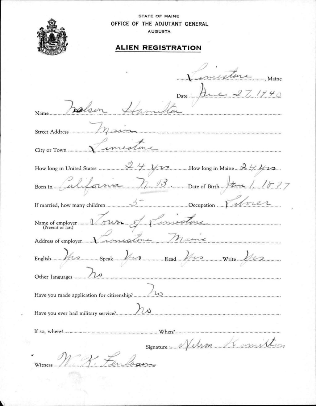 Miniature of Alien Registration- Hamilton, Nelson (Limestone, Aroostook County)