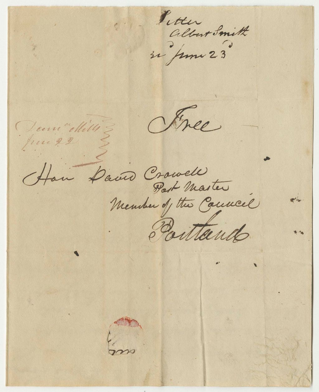 Miniature of Communication from Albert Smith to Hon. David Crowell, Postmaster, in Relation to William Williams