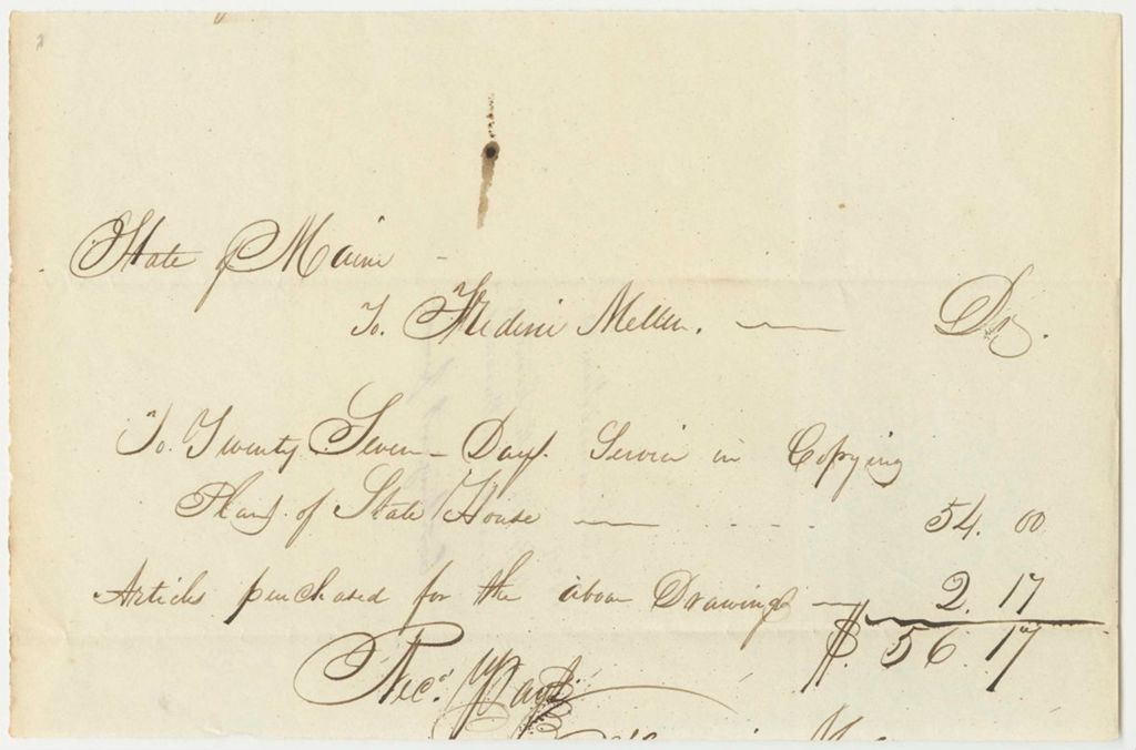Miniature of Receipt for Frederic Mellen for Copying Plans of the State House