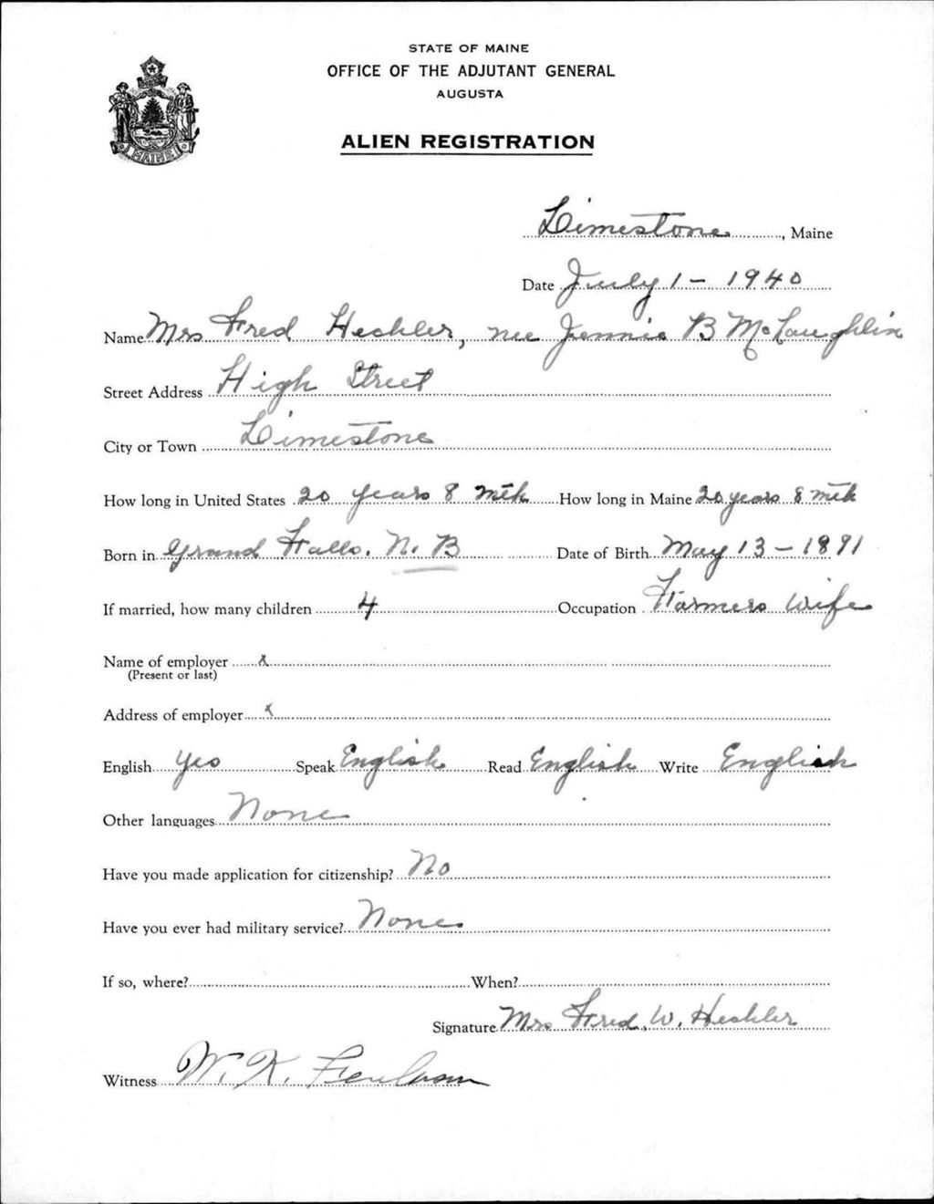 Miniature of Alien Registration- Mclaughlin, Jennie B. (Limestone, Aroostook County)