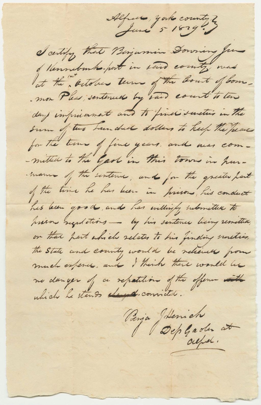 Miniature of Certification of Benjamin Herrick, Dep. Gaoler, on the Conduct of Benjamin Downing, Jr., in Prison