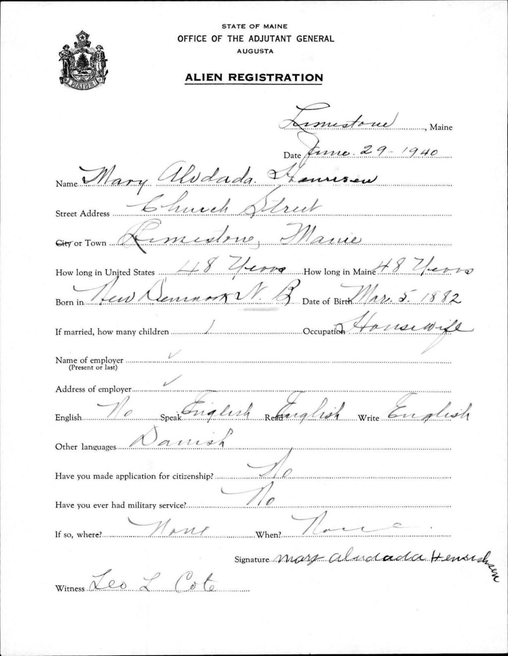 Miniature of Alien Registration- Henrison, Mary A. (Limestone, Aroostook County)