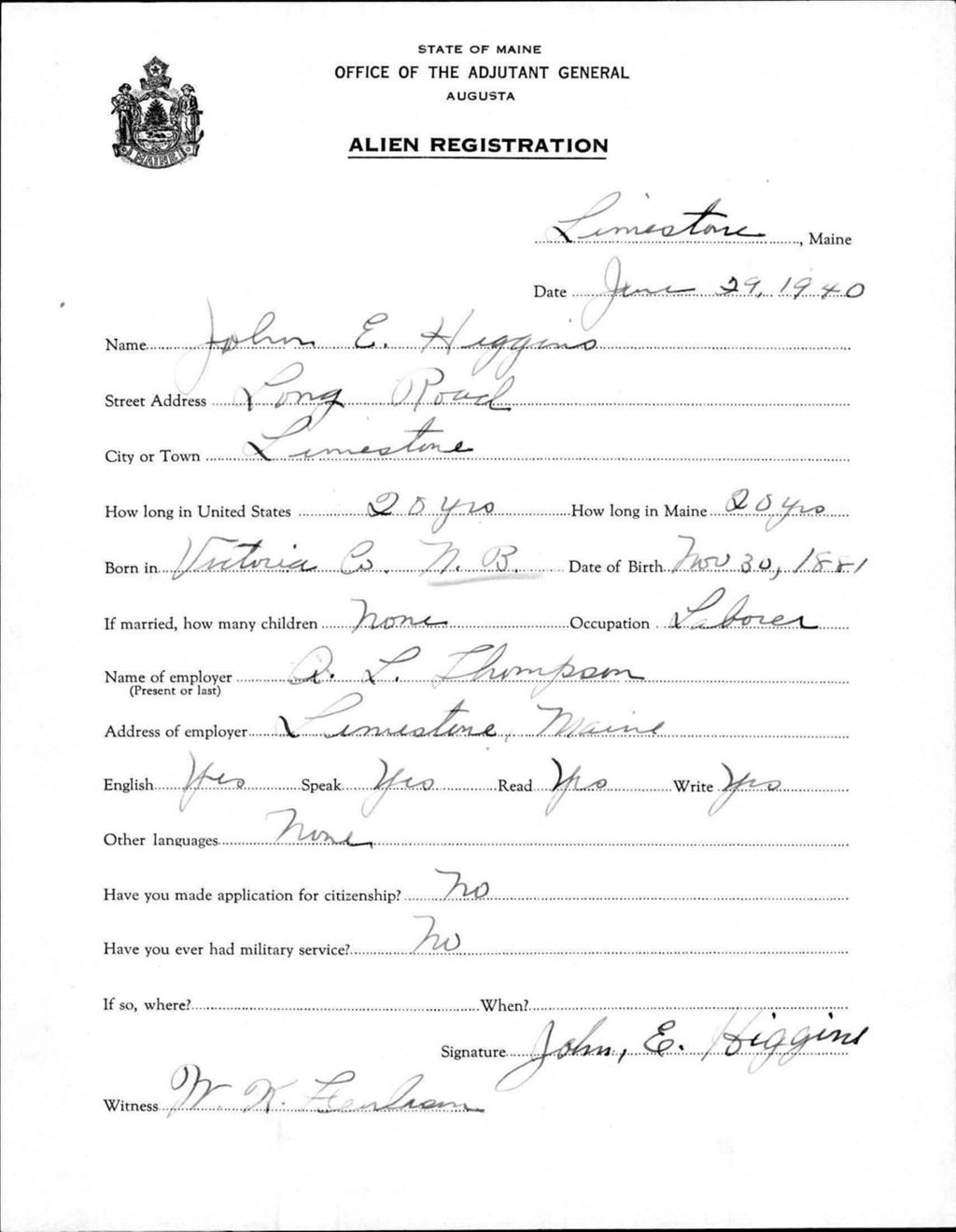 Miniature of Alien Registration- Higgins, John E. (Limestone, Aroostook County)