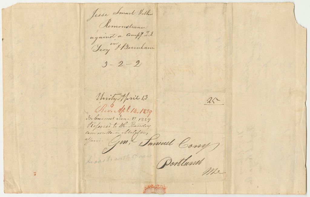Miniature of Remonstrance of Jesse Smart Haines and Others Against a New Company in Burnham and Troy
