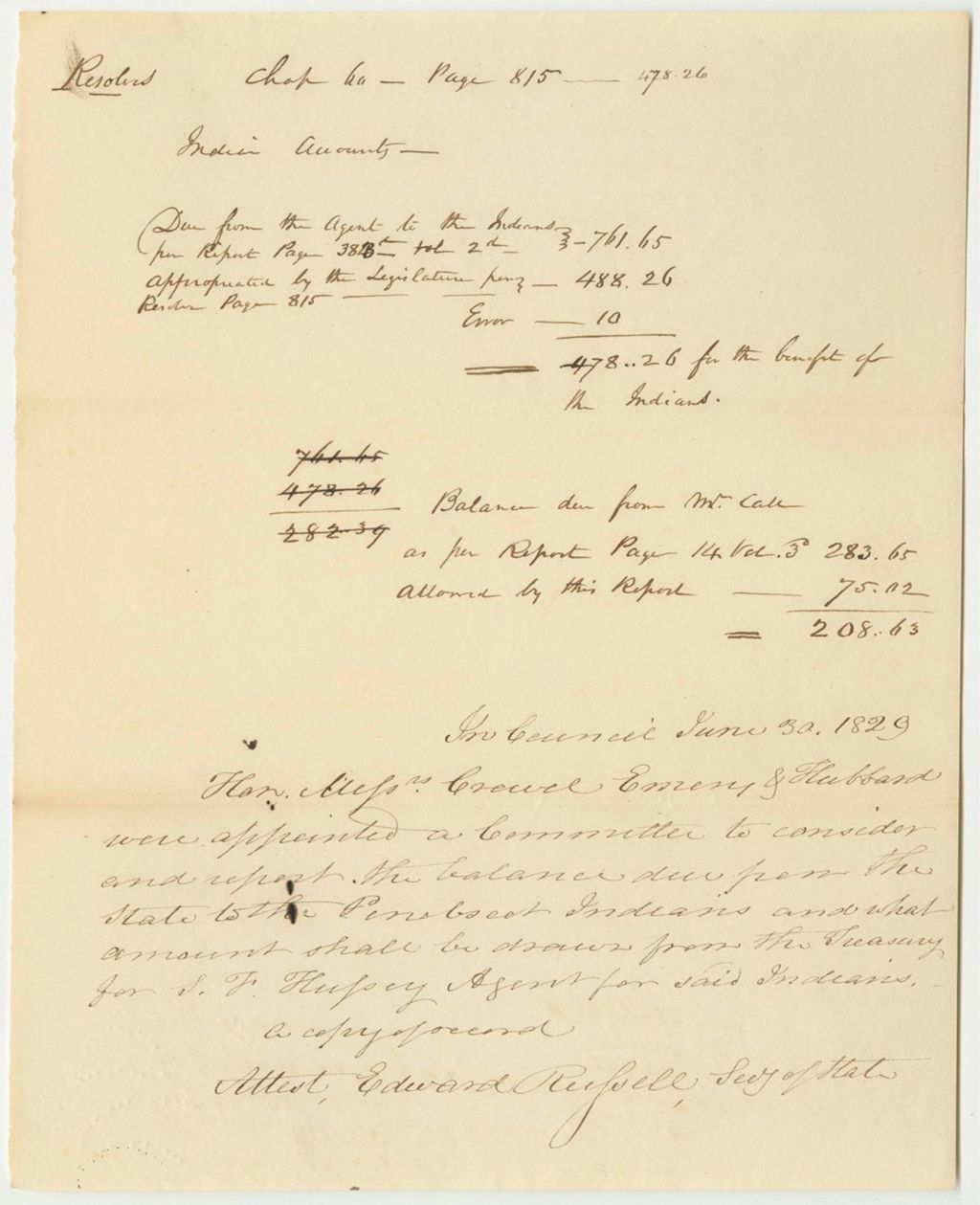 Miniature of Warrants in Favor of Samuel F. Hussey for Indian Funds