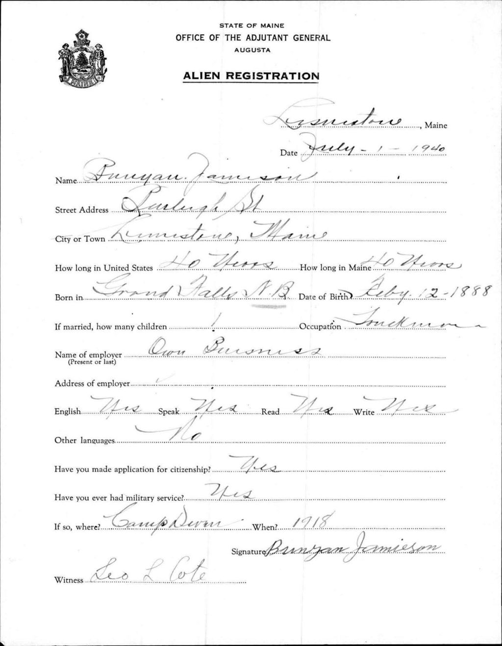 Miniature of Alien Registration- Jamieson, Benjamin (Limestone, Aroostook County)