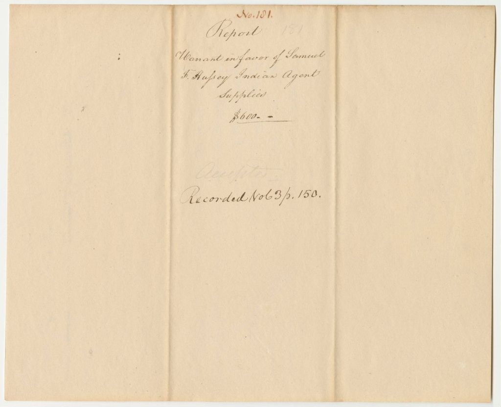 Miniature of Report 181: Report on the Warrant in Favor of Samuel F. Hussey, Penobscot Indian Agent, for Supplies