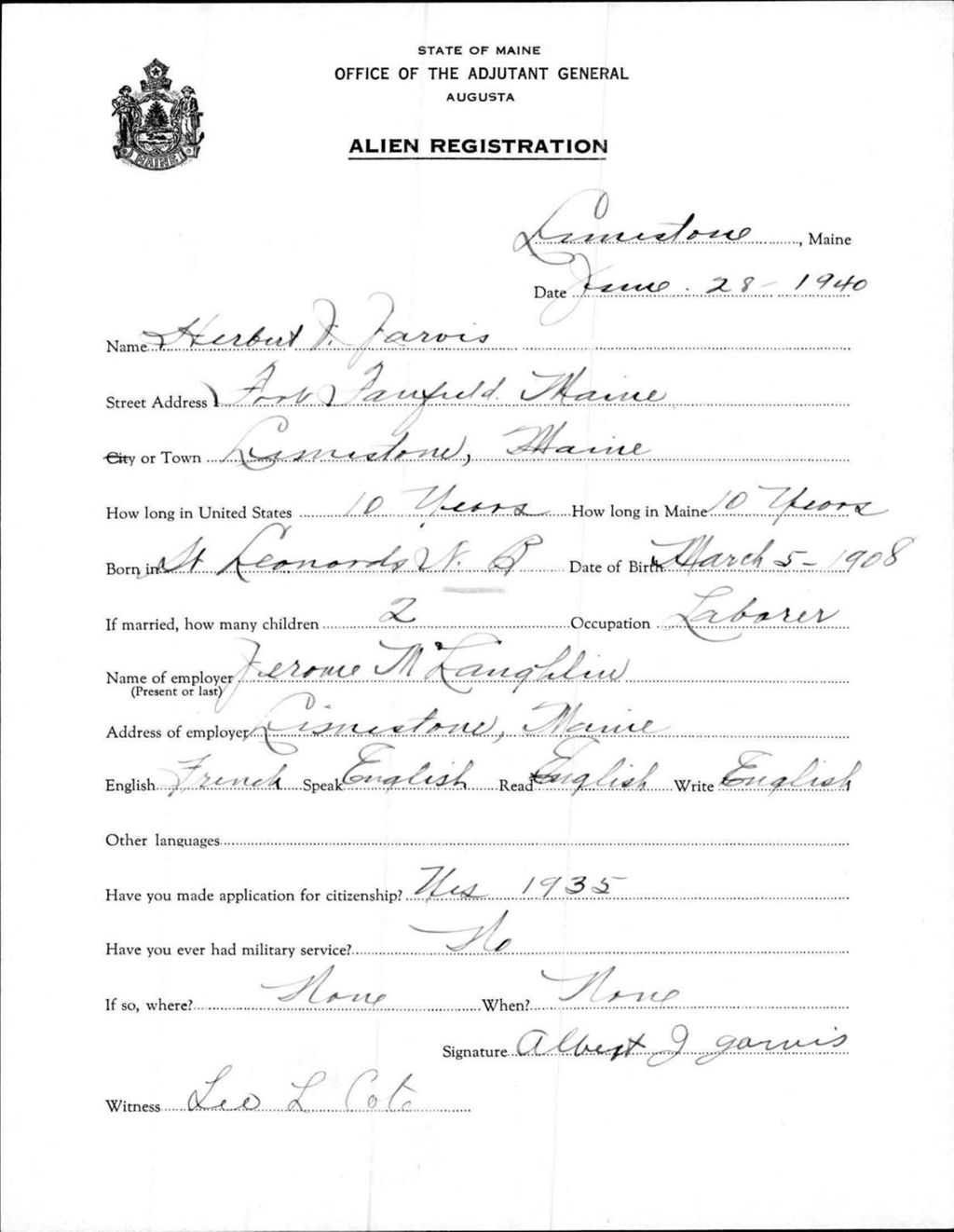 Miniature of Alien Registration- Jarvis, Herbert J. (Limestone, Aroostook County)
