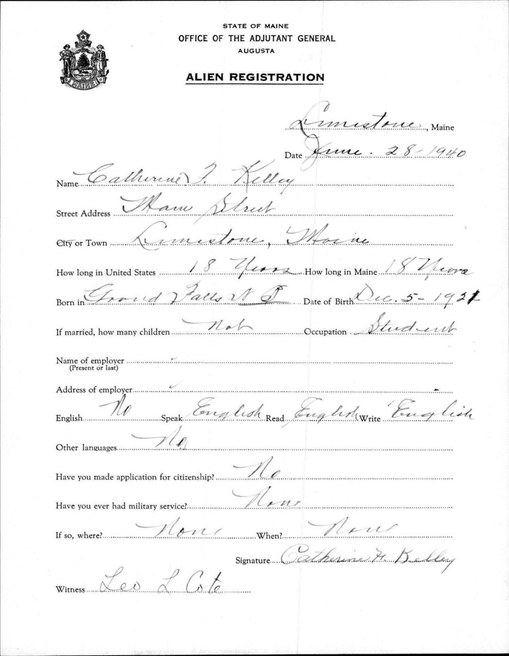 Miniature of Alien Registration- Kelley, Catherine F. (Limestone, Aroostook County)