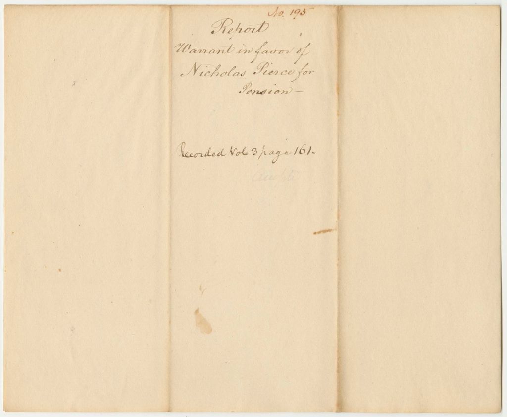 Miniature of Report 195: Nicholas Pierce's Request for a Warrant for His Pension