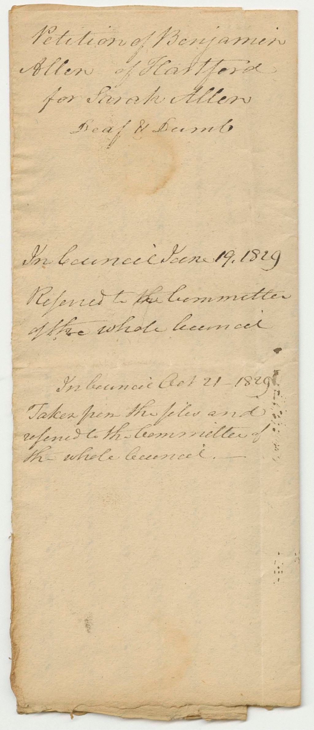 Miniature of Petition of Benjamin Allen of Hartford for Sarah Allen, Deaf and Dumb