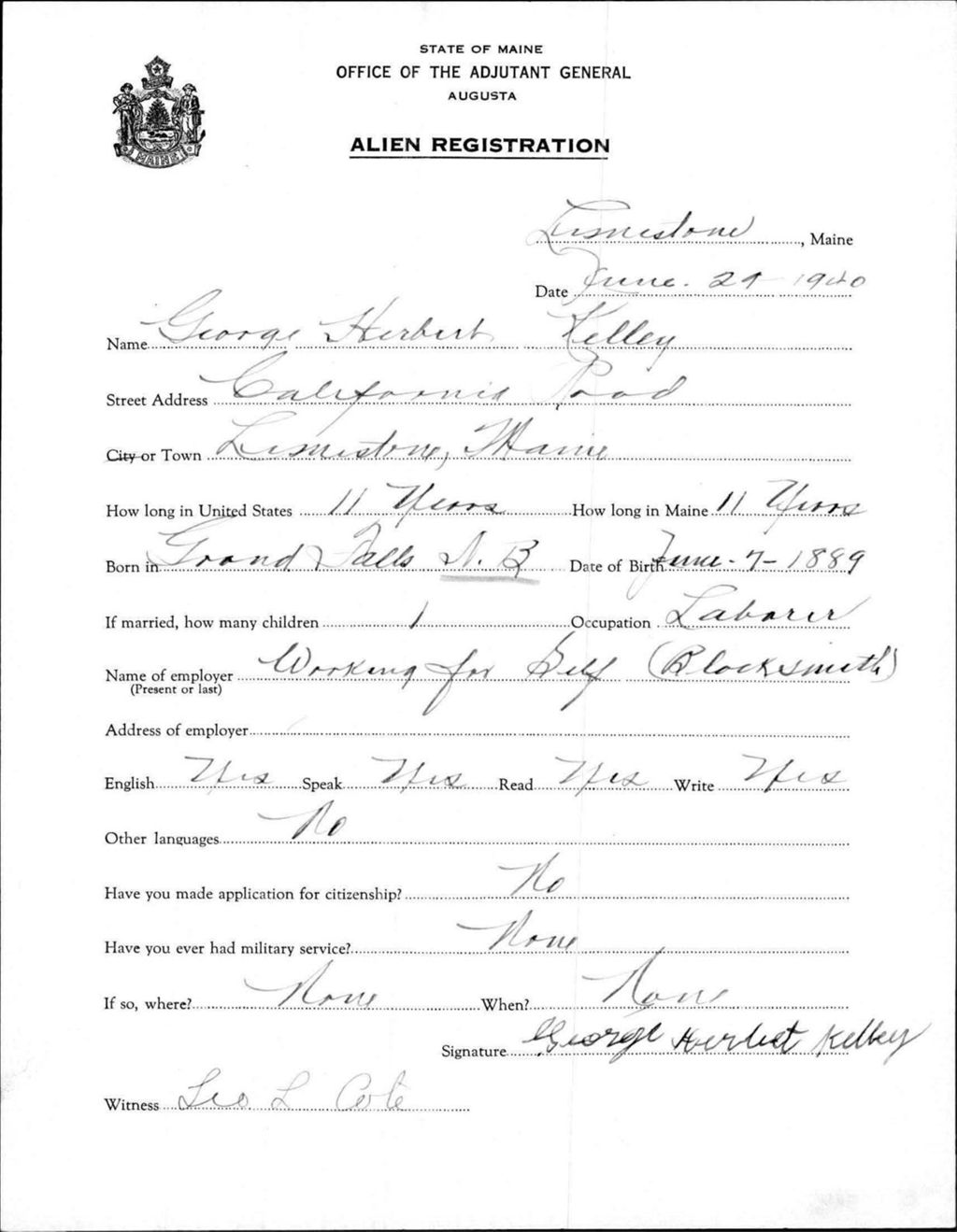 Miniature of Alien Registration- Kelley, George H. (Limestone, Aroostook County)