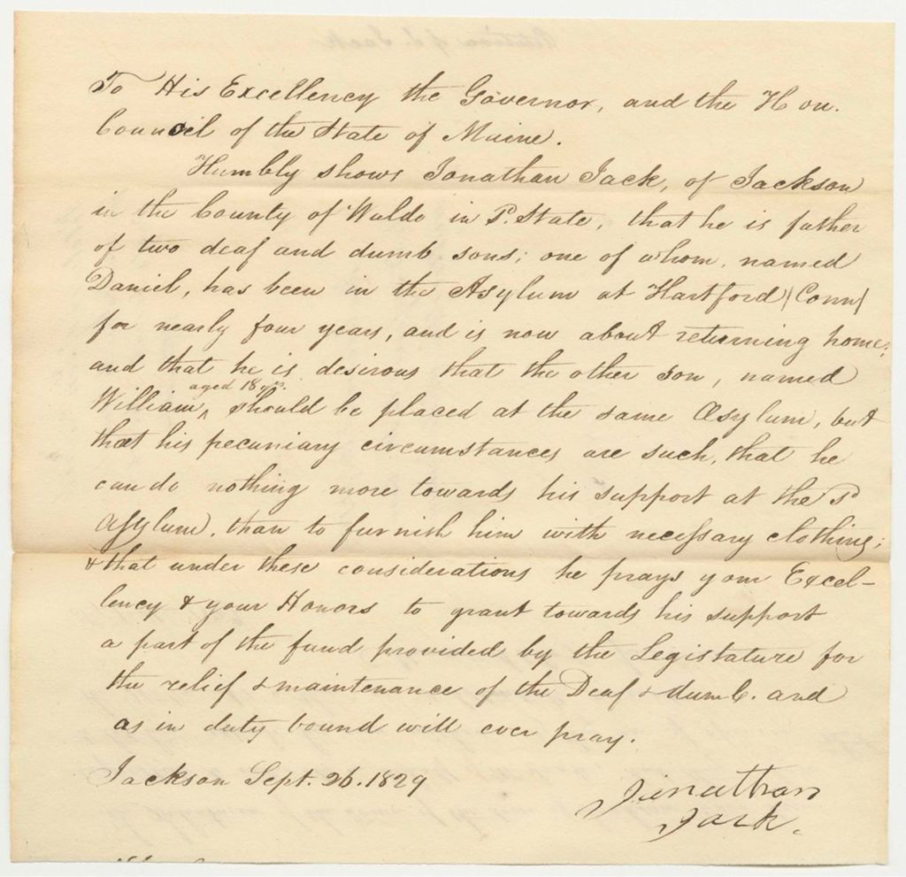 Miniature of Petition of Jonathon Jack for Assistance to Send His Sons, Daniel and William, to the Asylum for the Deaf and Dumb