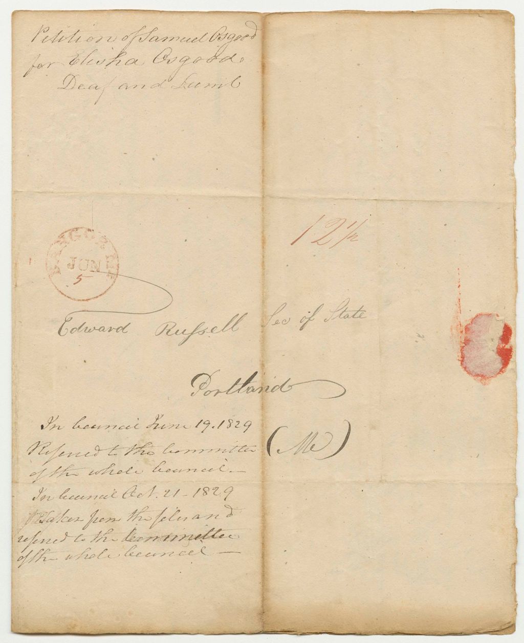 Miniature of Petition of Samuel Osgood for Elisha Osgood, Deaf and Dumb