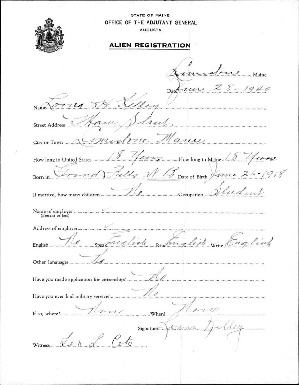 Miniature of Alien Registration- Kelley, Lorna H. (Limestone, Aroostook County)