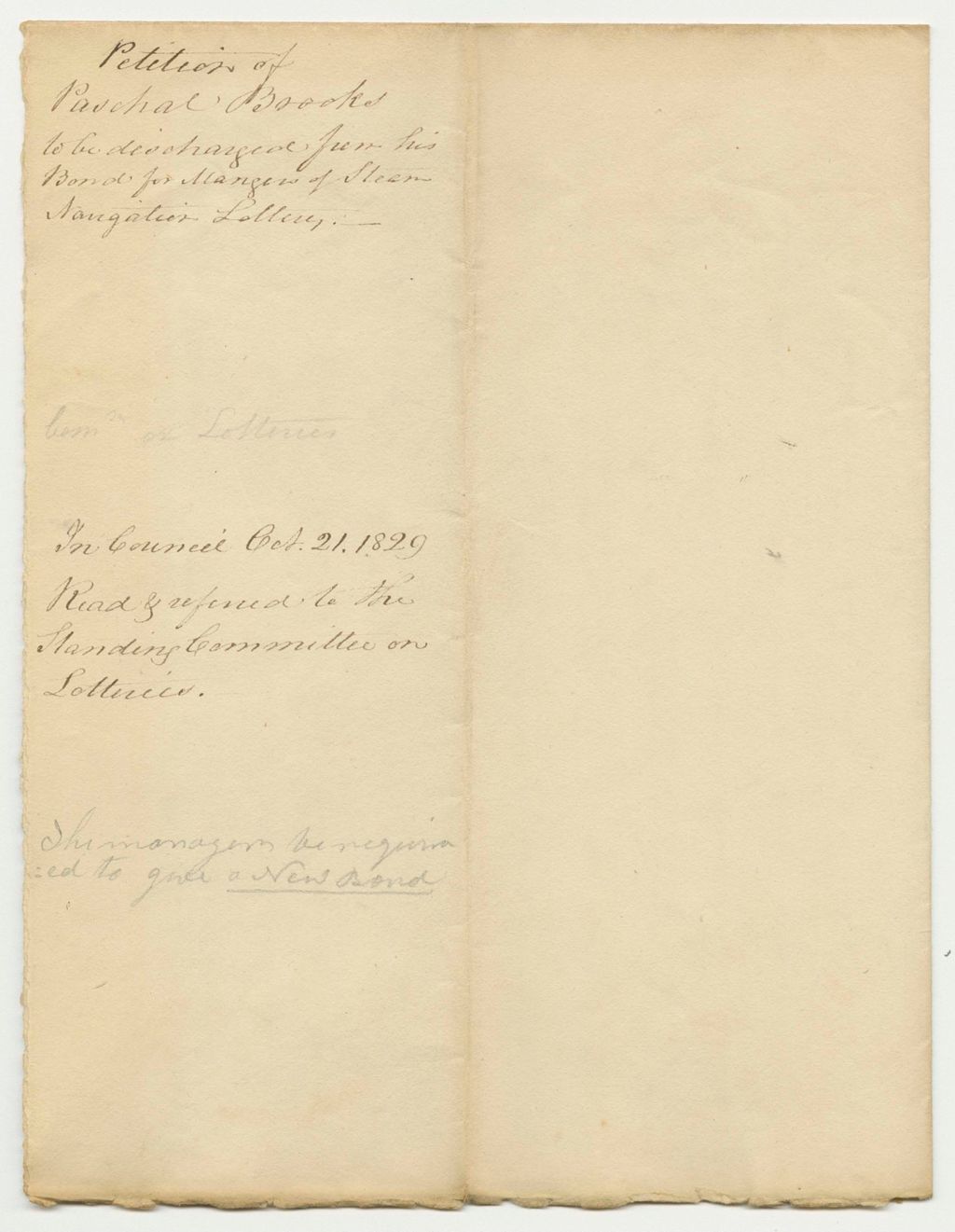 Miniature of Petition of Paschal Brooks to be Discharged from His Bond for Manager of the Steam Navigation Lotter