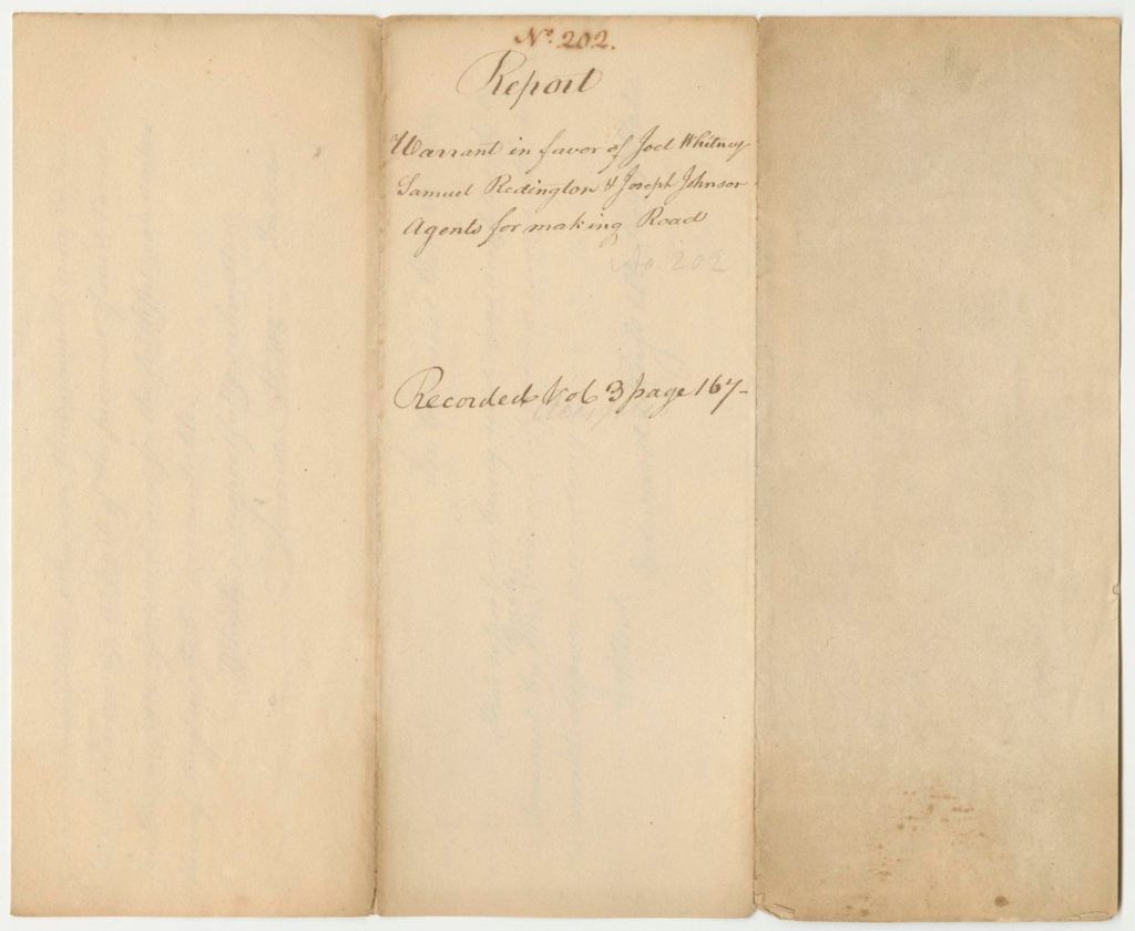 Miniature of Report 202: Report on the Warrant in Favor of Joel Whitney, Samuel Redington, and Joseph Johnson, Agents for Making the Canada Road, North of the Bingham Purchase