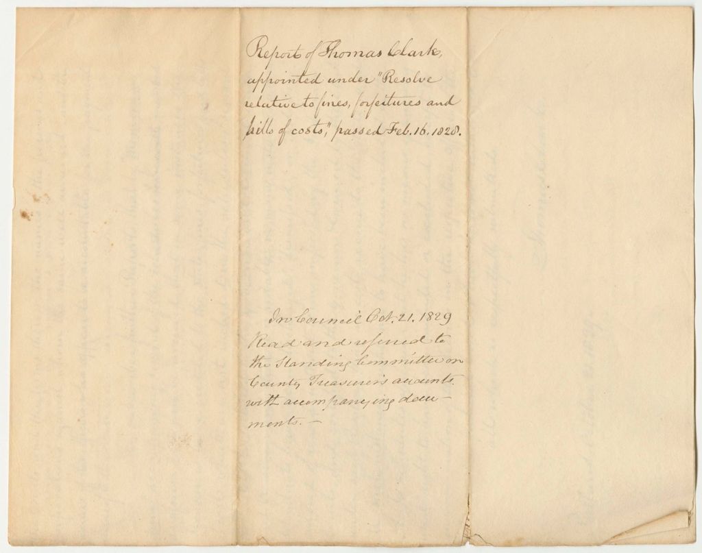 Miniature of Report of Thomas Clark Appointed Under the "Resolve Relative to Fines, Forefeitures and Bills of Costs" Passed February 16 1828