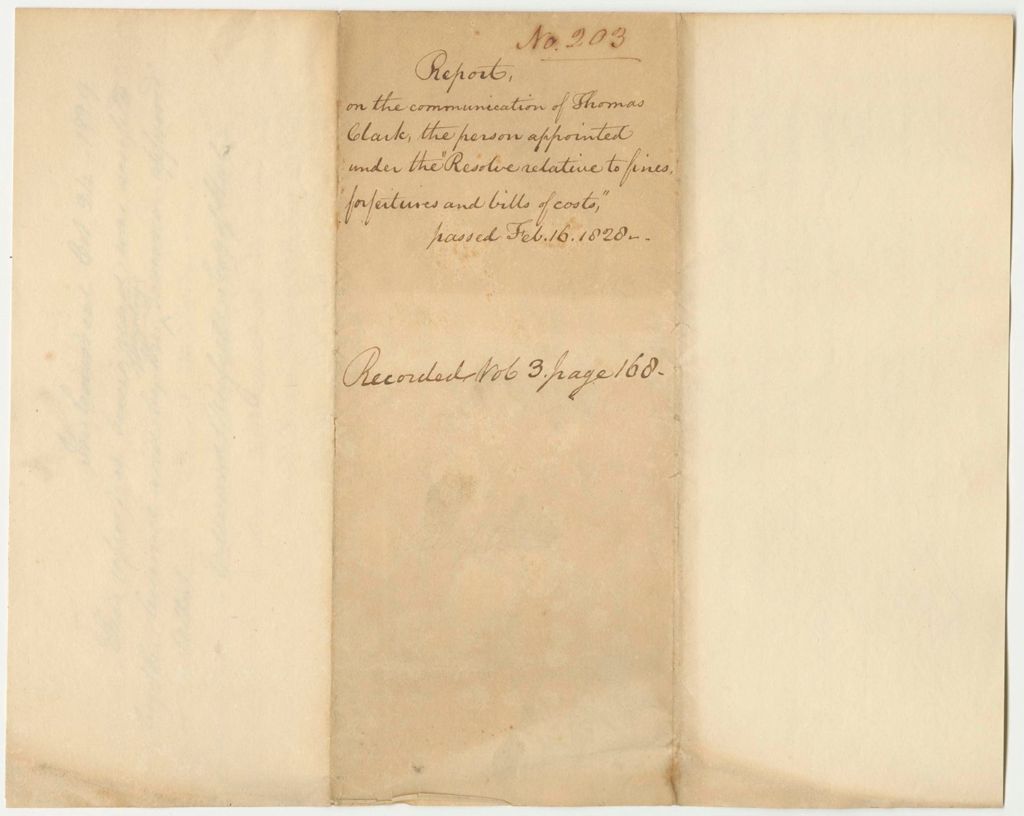 Miniature of Report 203: Report on the Communication of Thomas Clark, Appointed Under the Resolve "Relative to Fines, Forefeitures and Bills of Costs"