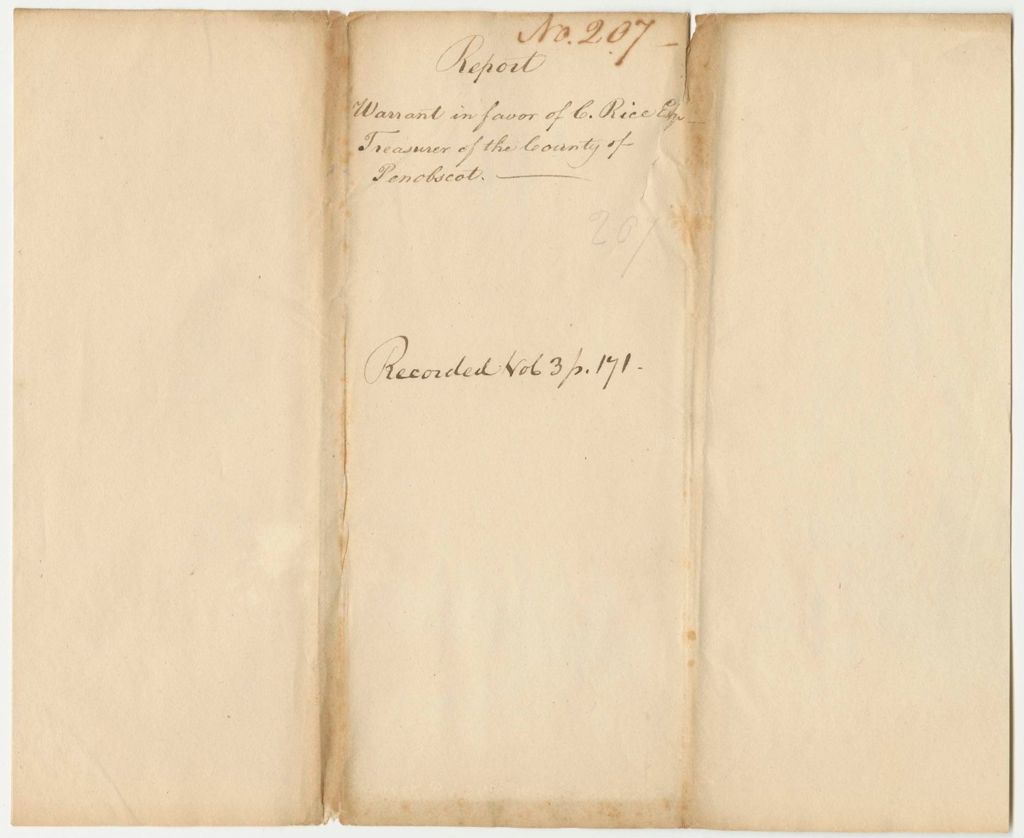 Miniature of Report 207: Report on the Warrant in Favor of C. Rice, Esq., Treasurer of Penobscot County