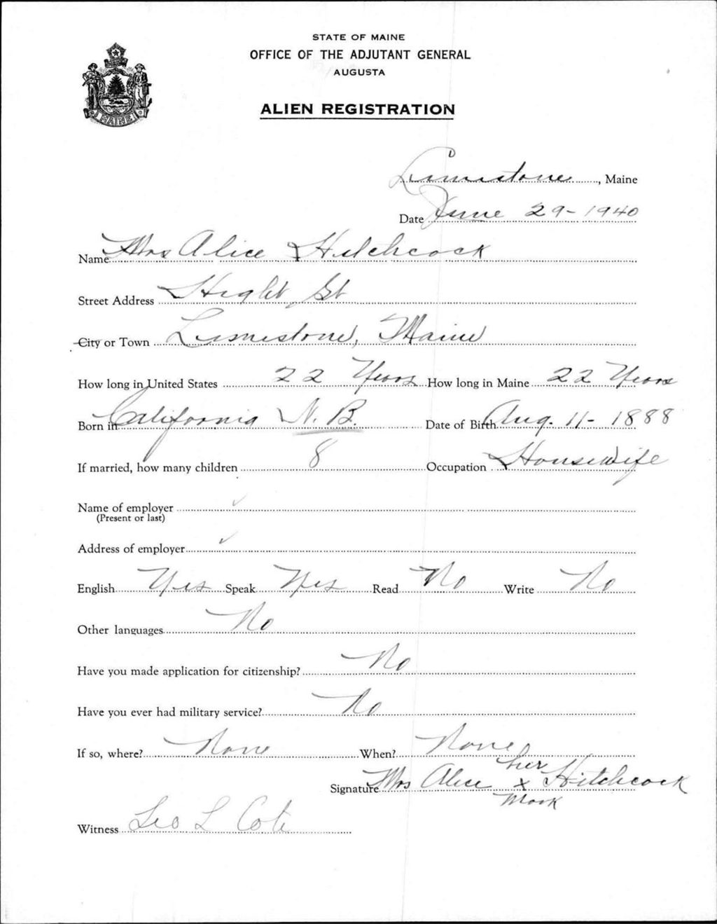 Miniature of Alien Registration- Hitchcock, Alice (Limestone, Aroostook County)