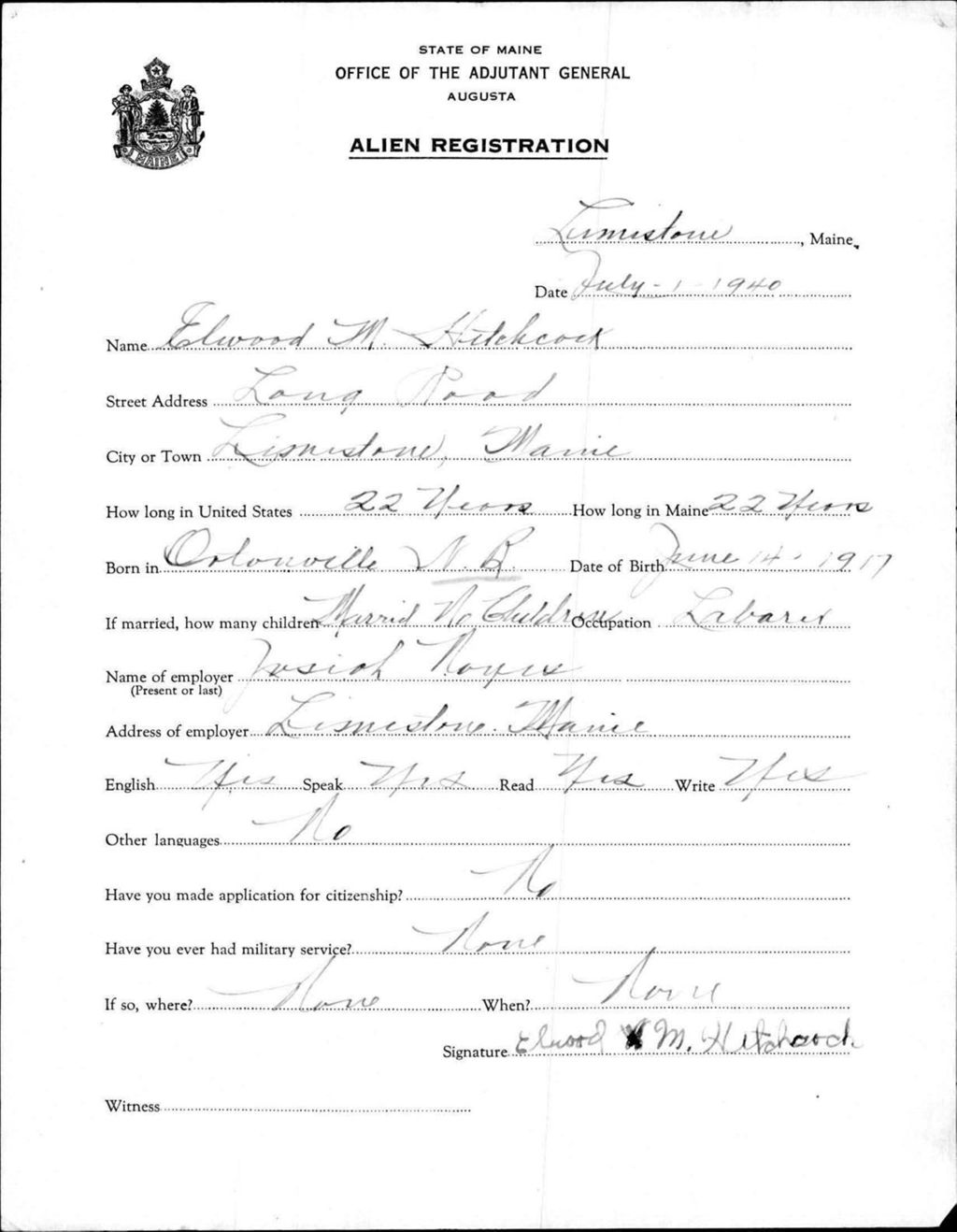 Miniature of Alien Registration- Hitchcock, Elwood M. (Limestone, Aroostook County)
