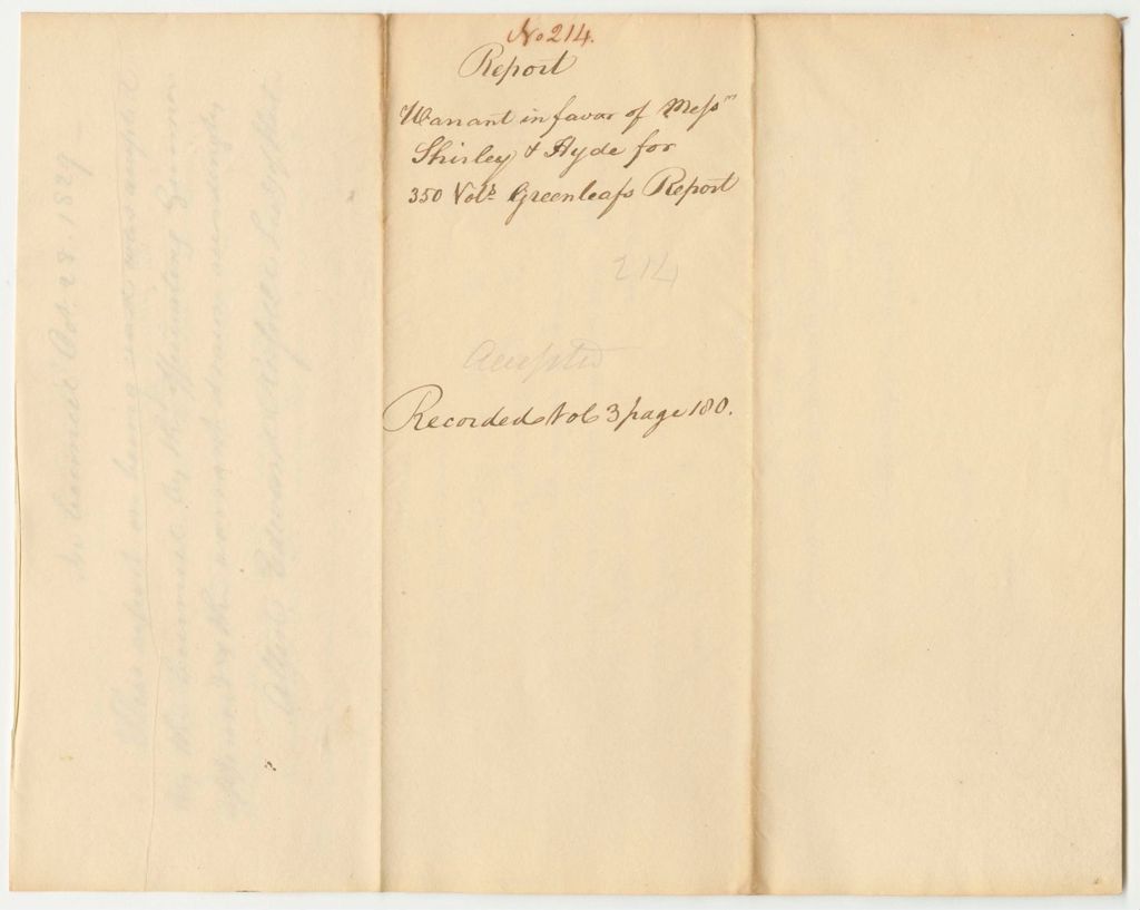 Miniature of Report 214: Report on the Warrant in Favor of Messrs. Shirley and Hyde for 350 Copies of Greenleaf's Report