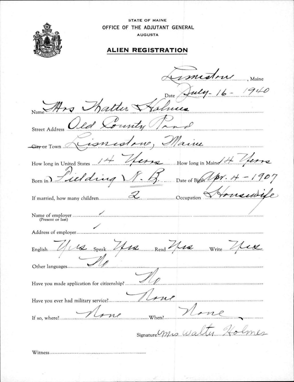Miniature of Alien Registration- Holmes, Walter (Limestone, Aroostook County)