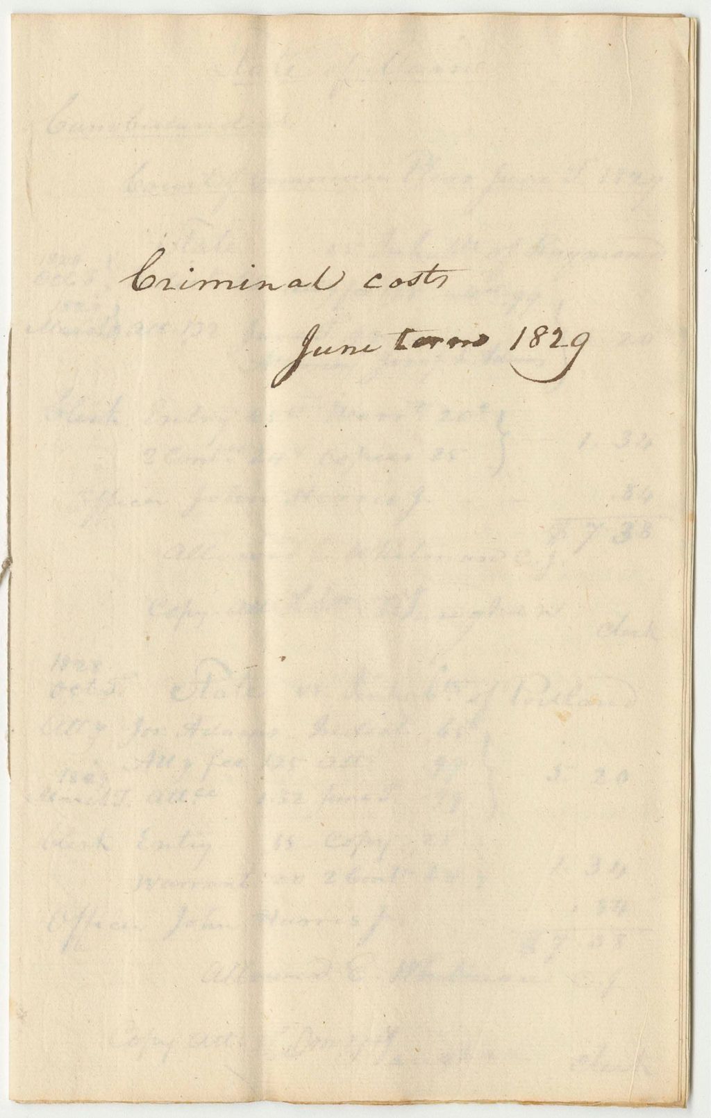 Miniature of Bills of Costs, Court of Common Pleas at Portland, Cumberland County, June Term 1829
