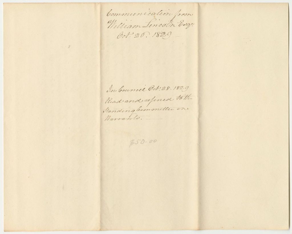 Miniature of Communication from William Lincoln, Esq., Administrator of the Estate of the Late Governor Lincoln