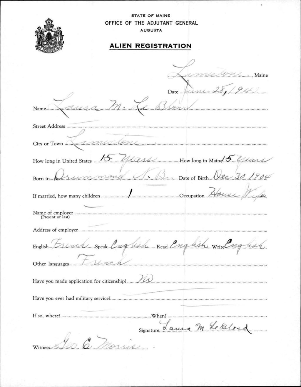 Miniature of Alien Registration- Leblond, Laura M. (Limestone, Aroostook County)