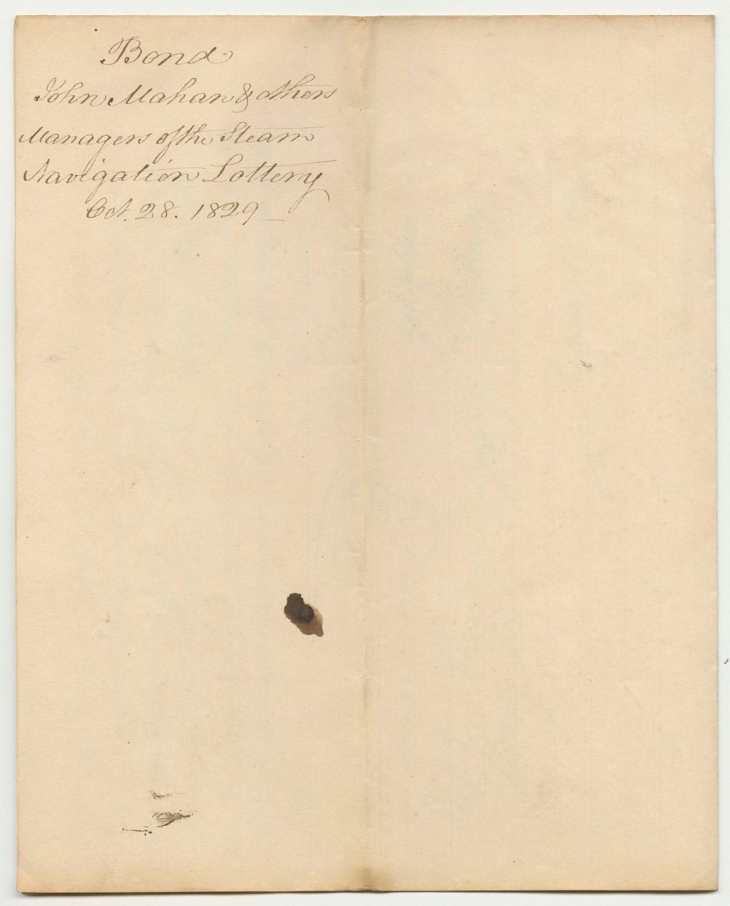 Miniature of Bond of John Mahan and Others, Managers of the Steam Navigation Lottery