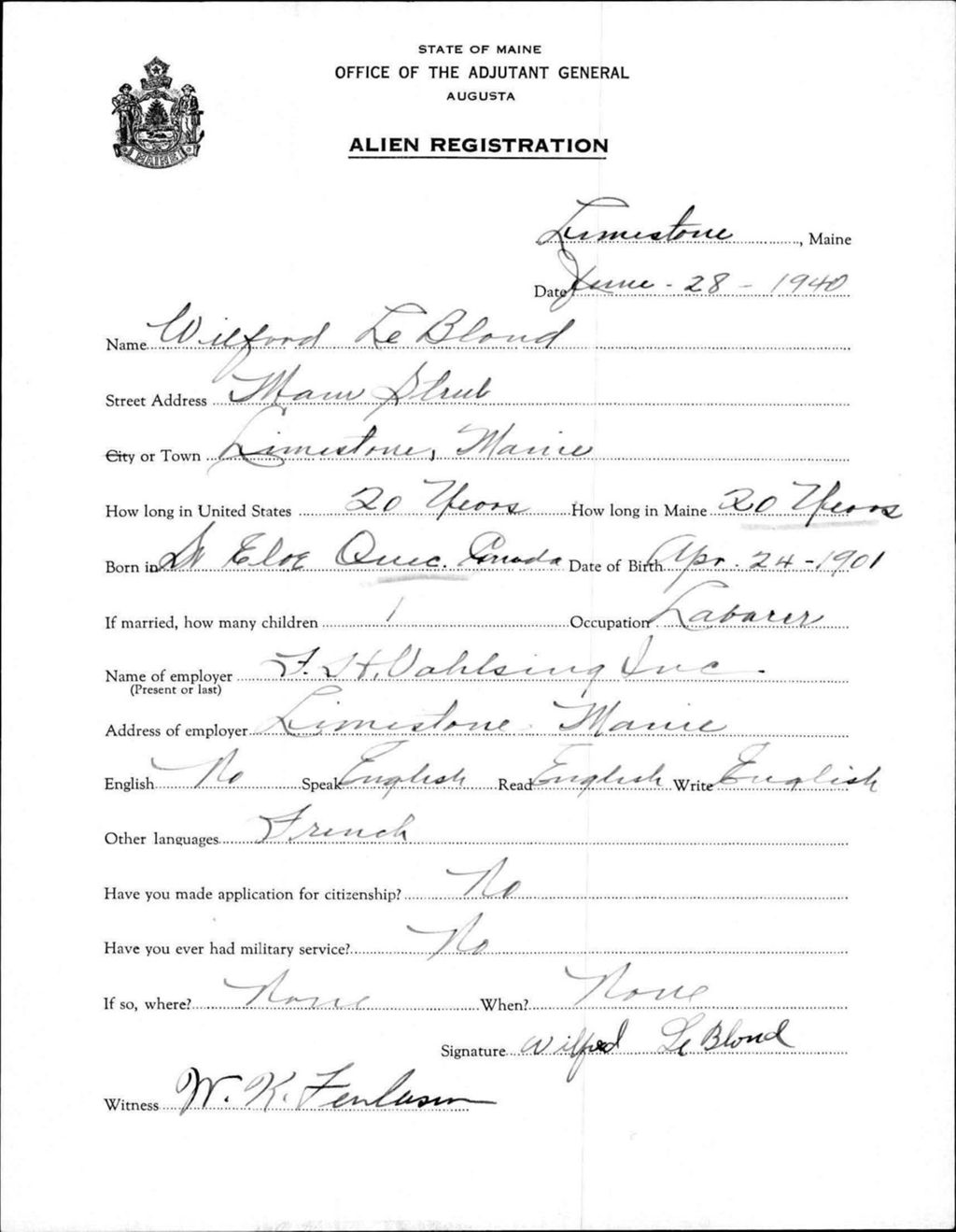 Miniature of Alien Registration- Leblond, Wilford (Limestone, Aroostook County)