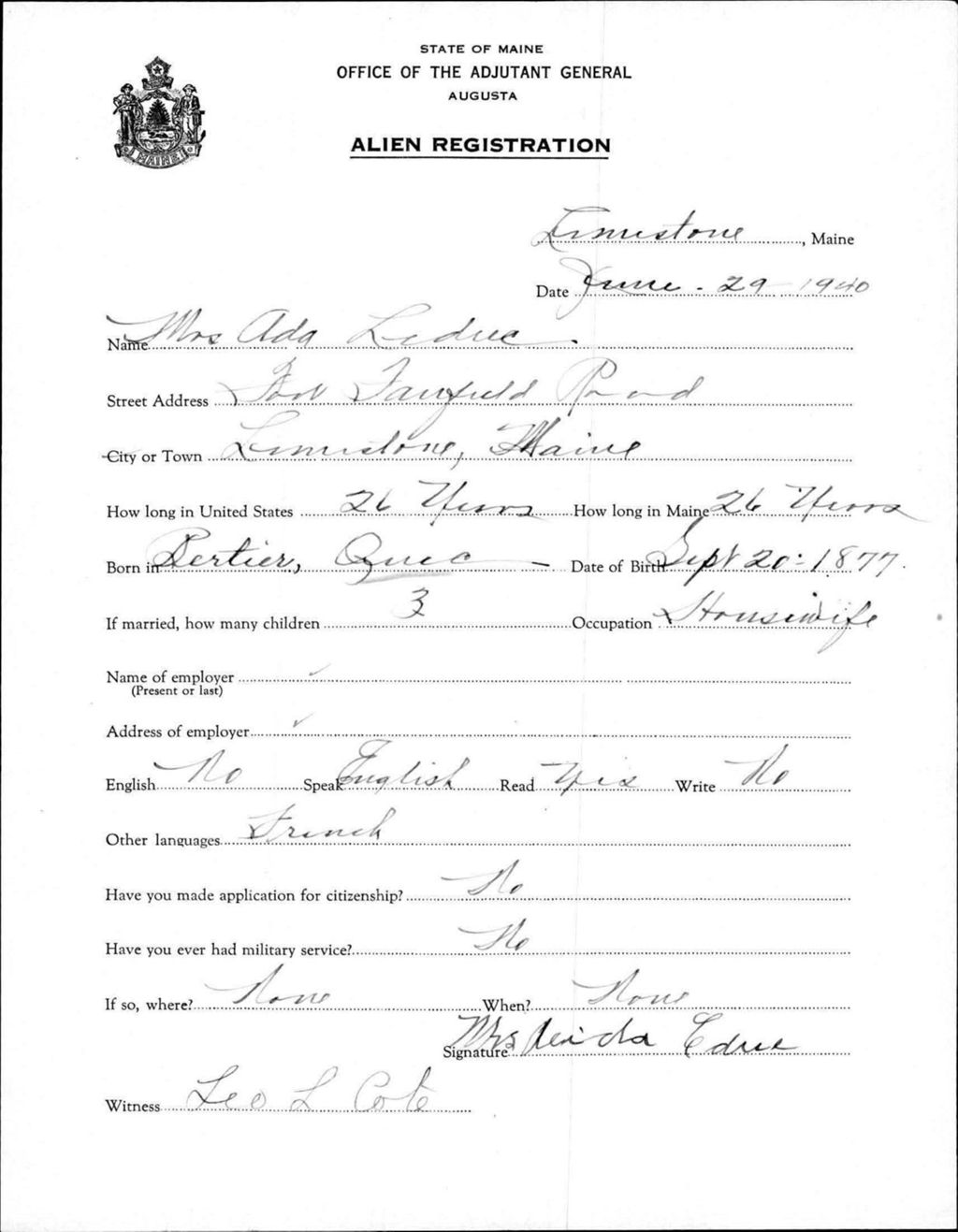 Miniature of Alien Registration- Leduc, Ada (Limestone, Aroostook County)