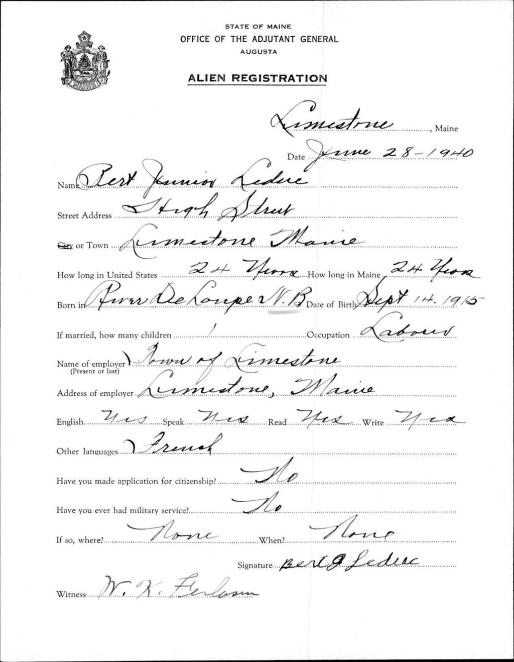 Miniature of Alien Registration- Leduc, Bert J. (Limestone, Aroostook County)