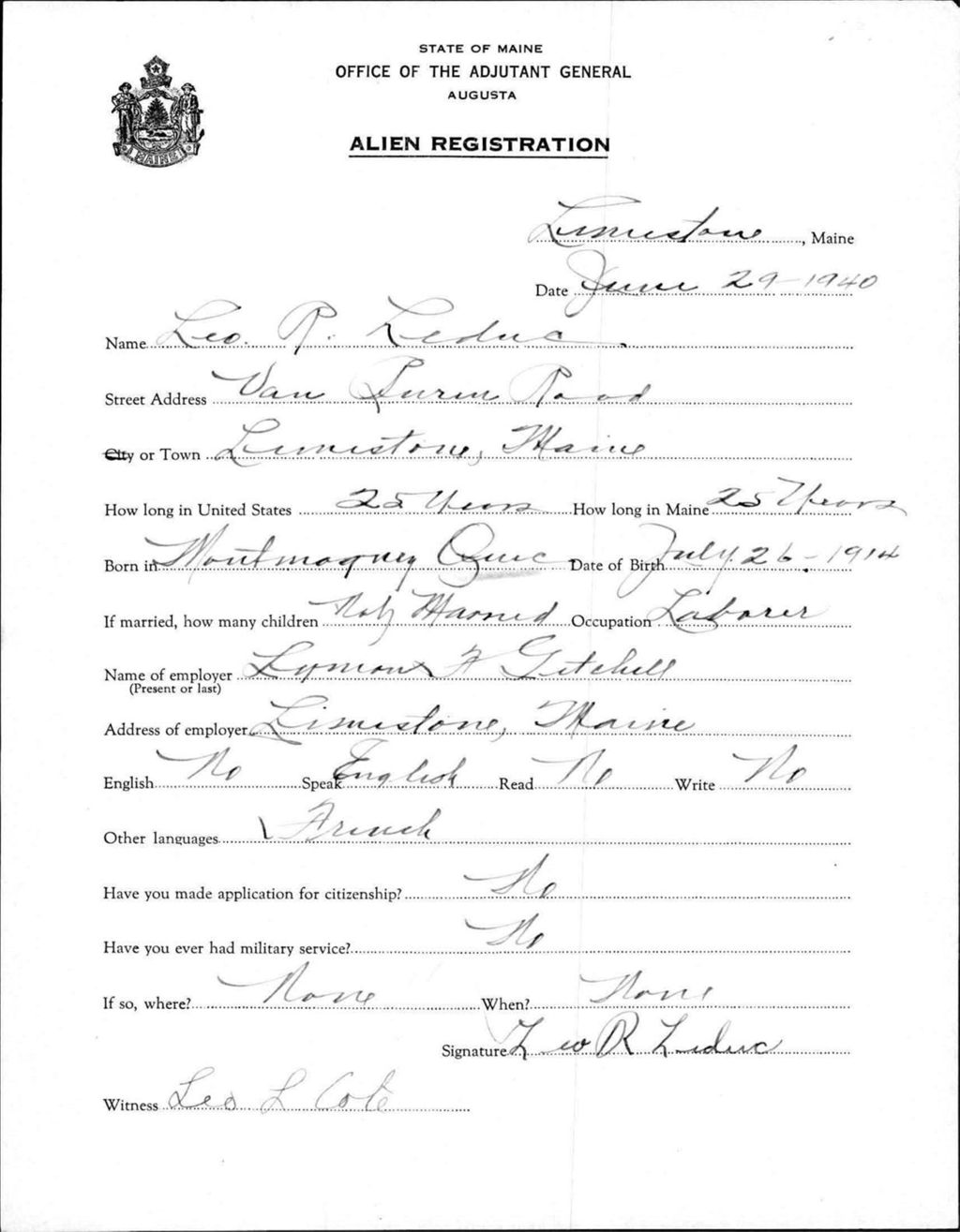 Miniature of Alien Registration- Leduc, Leo R. (Limestone, Aroostook County)