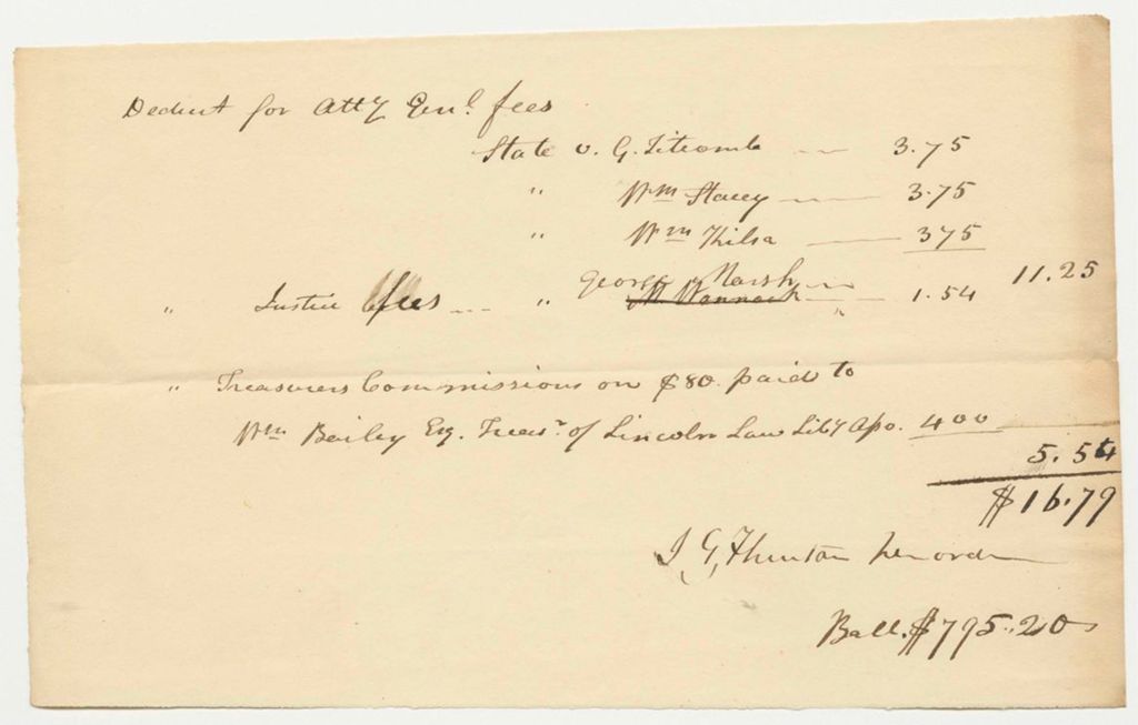 Miniature of Deductions for Attorney General's Fees and Justices' Fees, Treasury of Lincoln County